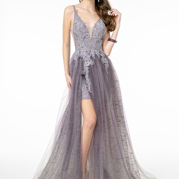 Illusion V-Neck Glitter Mesh Long Dress - GSGL1807